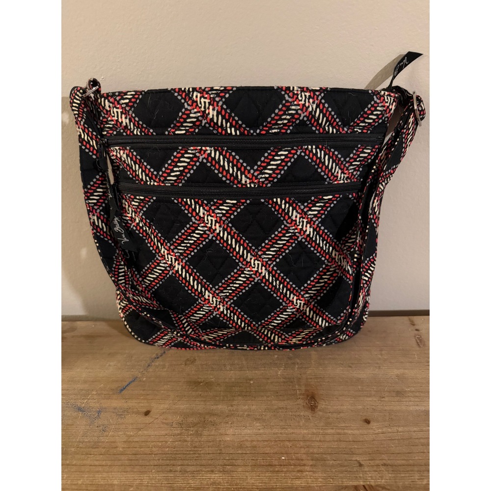 Vera Bradley Ziggy Zinnia Quilted‎ Cotton Crossbody Bag Black Red White Diamond